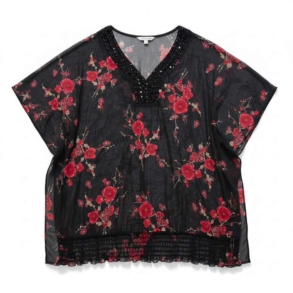 Maurices Plus 3 Black Floral Mesh Sheer Kaftan Tunic Blouse Beaded V-Neck Y2K 3X